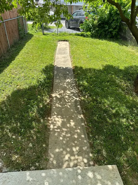 Freshly mowed lawn on both sides of a narrow concrete walkway