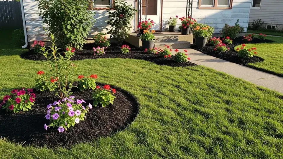 Fresh dark mulch in curved garden beds with red and purple flowers